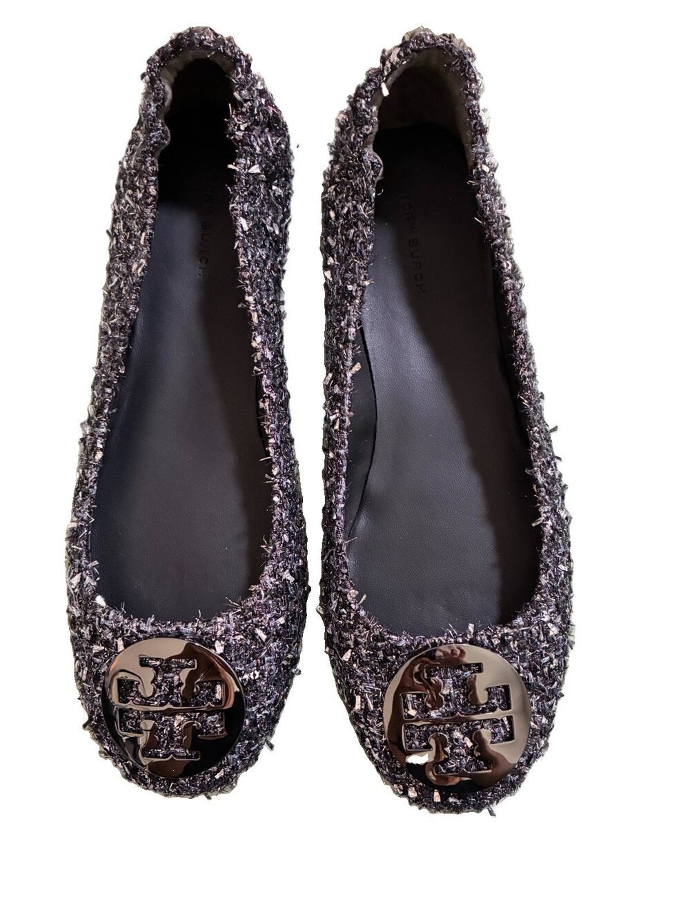 Tory Burch Minnie Travel Ballet Flats 8.5 Silver Confetti Gunmetal Sparkle NIB